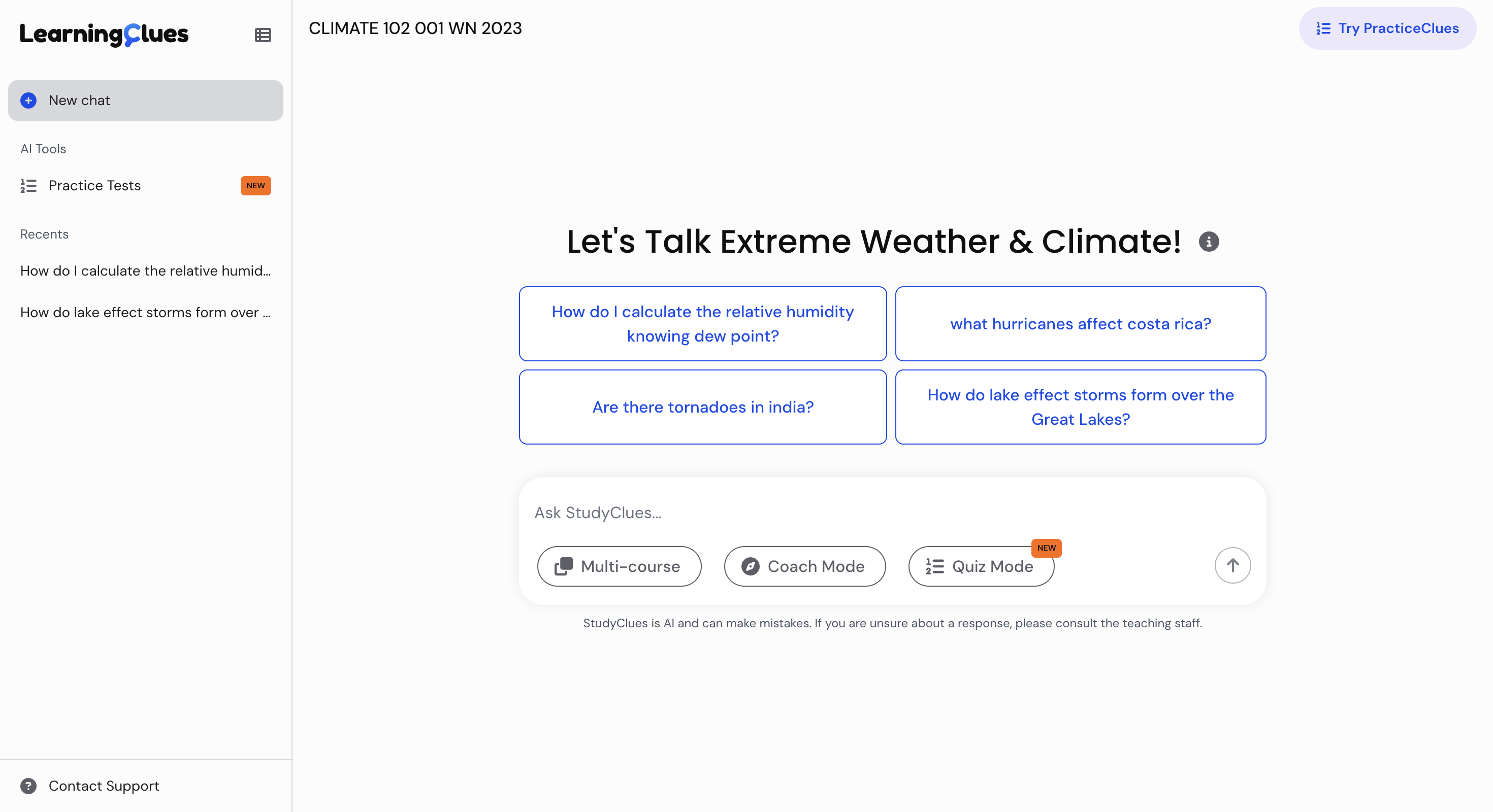 After: the rebuilt screen. The header carries the course name and a single button, past chats are grouped under Recents, and the suggested questions form an even two-by-two grid.